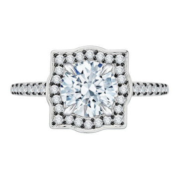 Black and White Rhodium Tips Diamond Halo Vintage Engagement Ring in 14K White Gold (Semi-Mount)